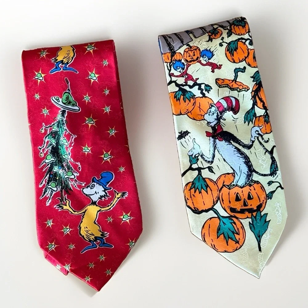 VTG 2 Dr Seuss Ties 100% Silk Green Eggs & Ham Halloween Pumpkin Holiday Costume
